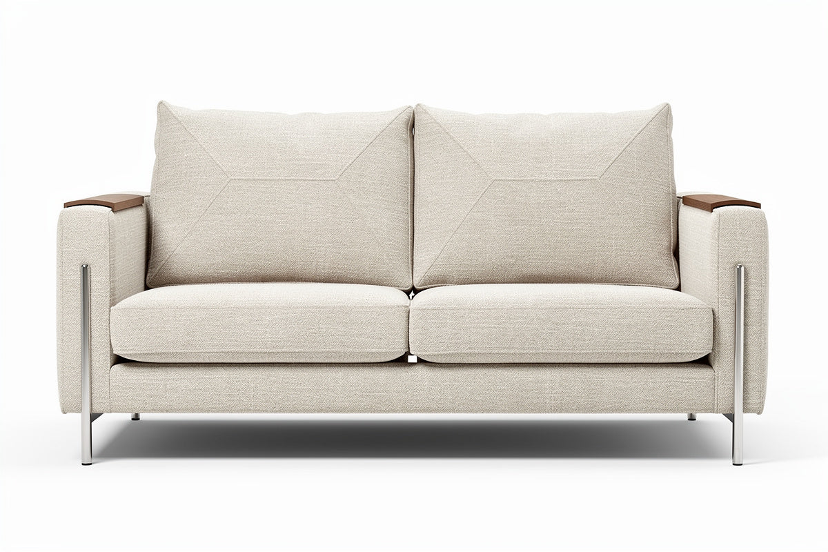 **Nowoczesna sofa dwuosobowa z drewnianymi akcentami i metalowymi nogami**